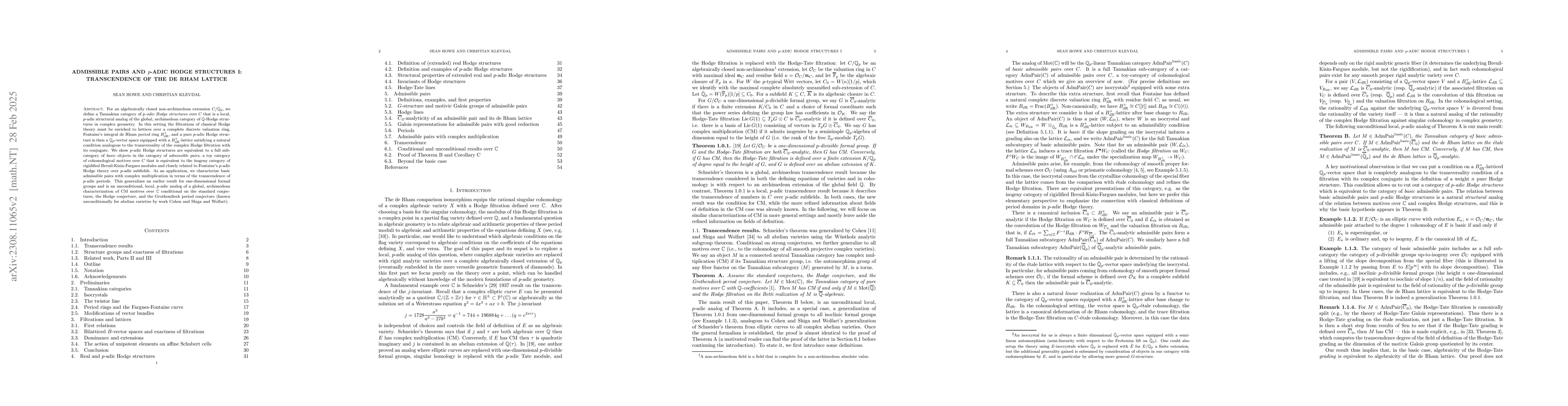 Thumbnail for Admissible pairs and $p$-adic Hodge structures I: Transcendence of the
  de Rham lattice