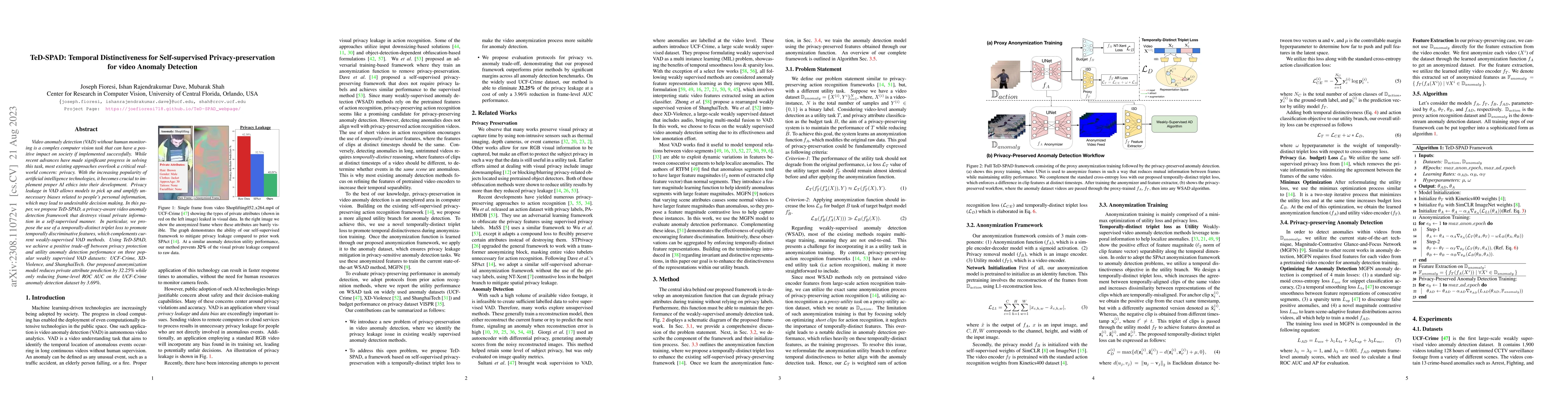 Thumbnail for TeD-SPAD: Temporal Distinctiveness for Self-supervised
  Privacy-preservation for video Anomaly Detection