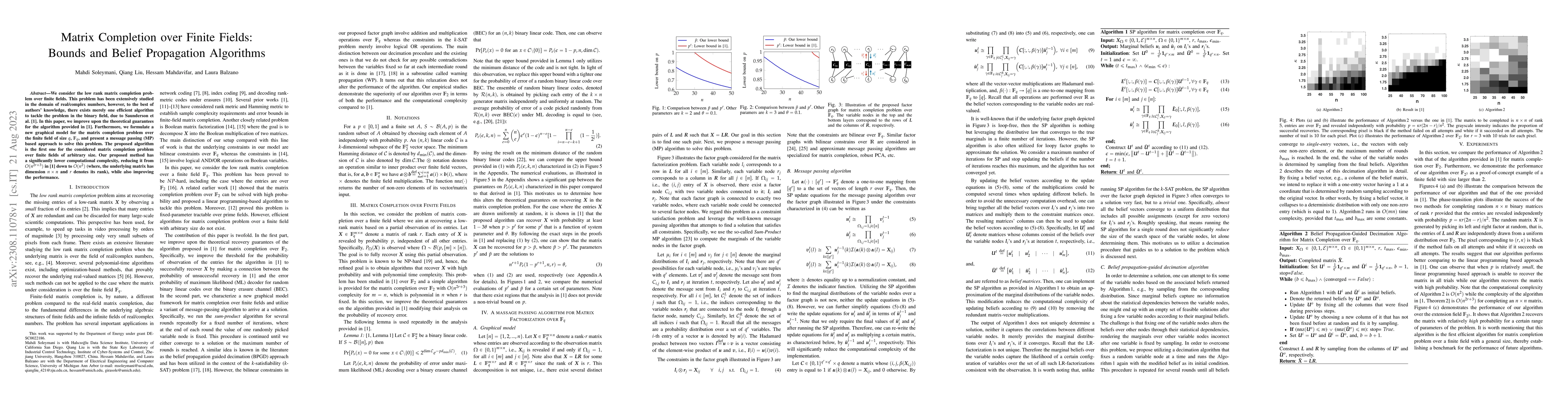 Thumbnail for Matrix Completion over Finite Fields: Bounds and Belief Propagation
  Algorithms