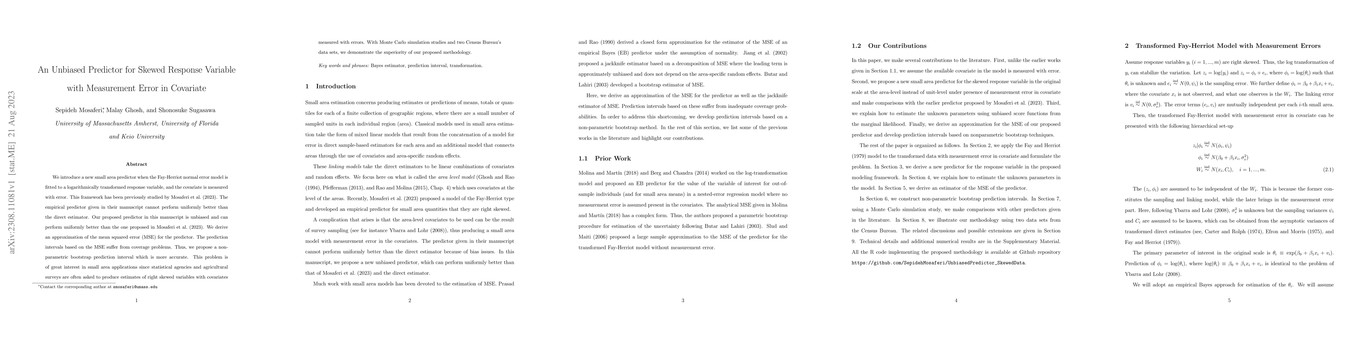 Thumbnail for An Unbiased Predictor for Skewed Response Variable with Measurement
  Error in Covariate