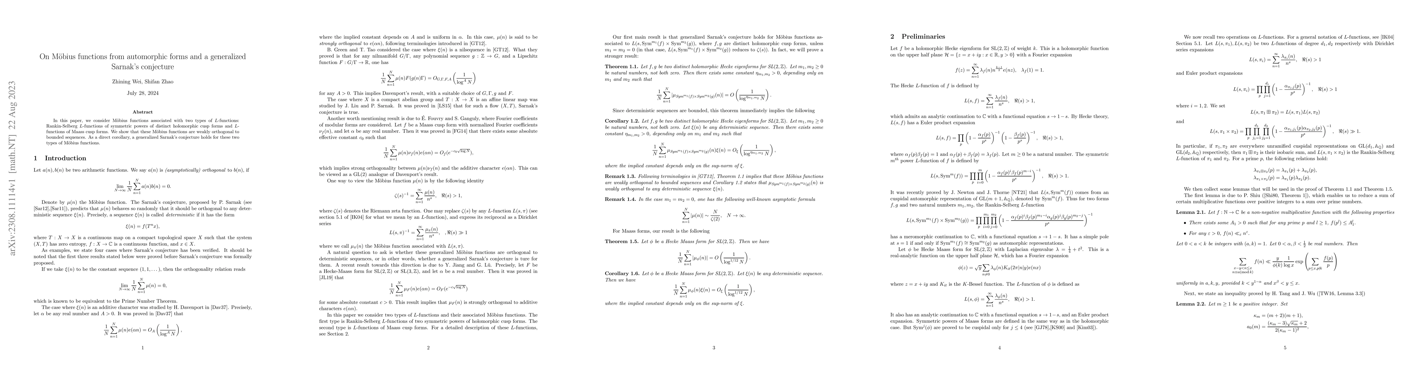Thumbnail for On M\"obius functions from automorphic forms and a generalized Sarnak's
  conjecture