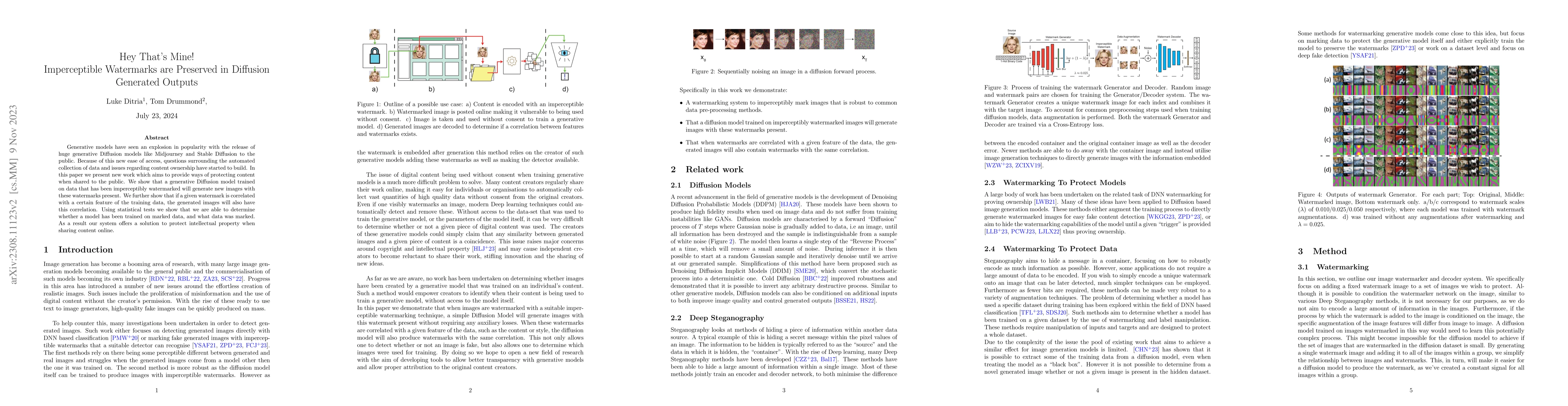 Thumbnail for Hey That's Mine Imperceptible Watermarks are Preserved in Diffusion
  Generated Outputs