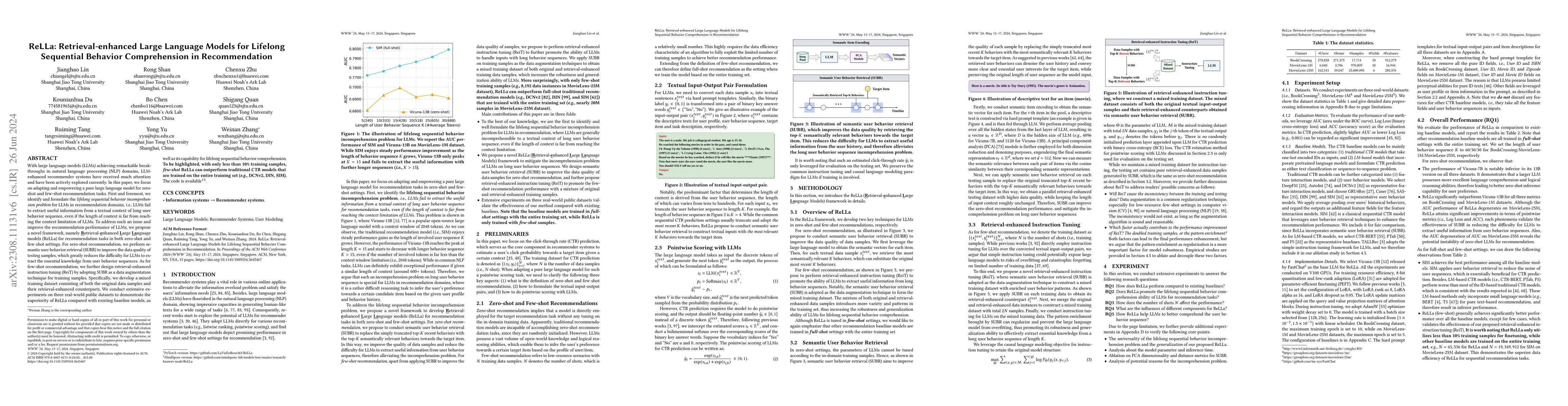 Thumbnail for ReLLa: Retrieval-enhanced Large Language Models for Lifelong Sequential
  Behavior Comprehension in Recommendation