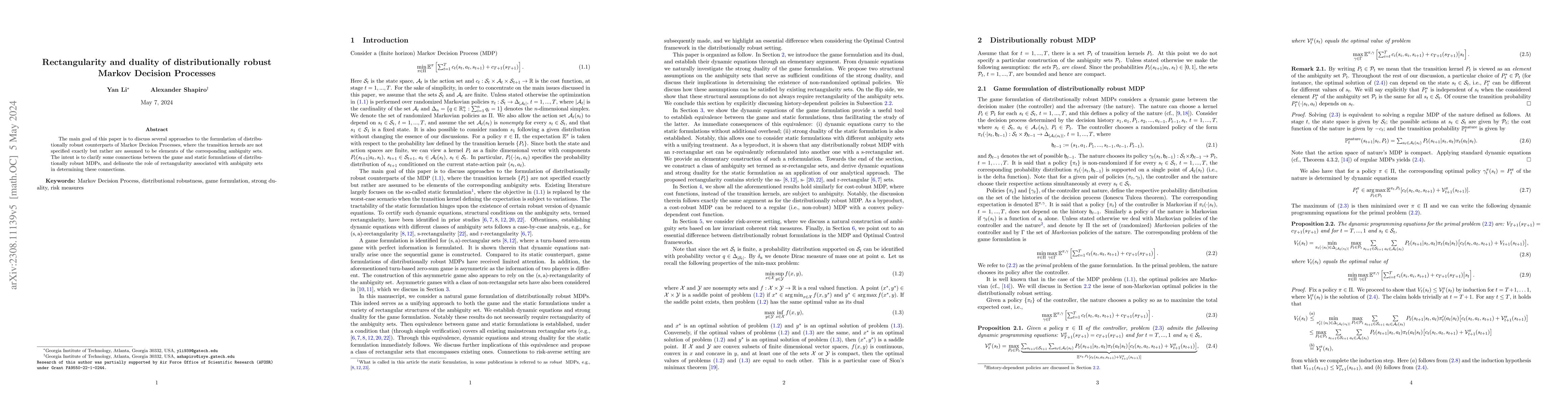 Thumbnail for Rectangularity and duality of distributionally robust Markov Decision
  Processes