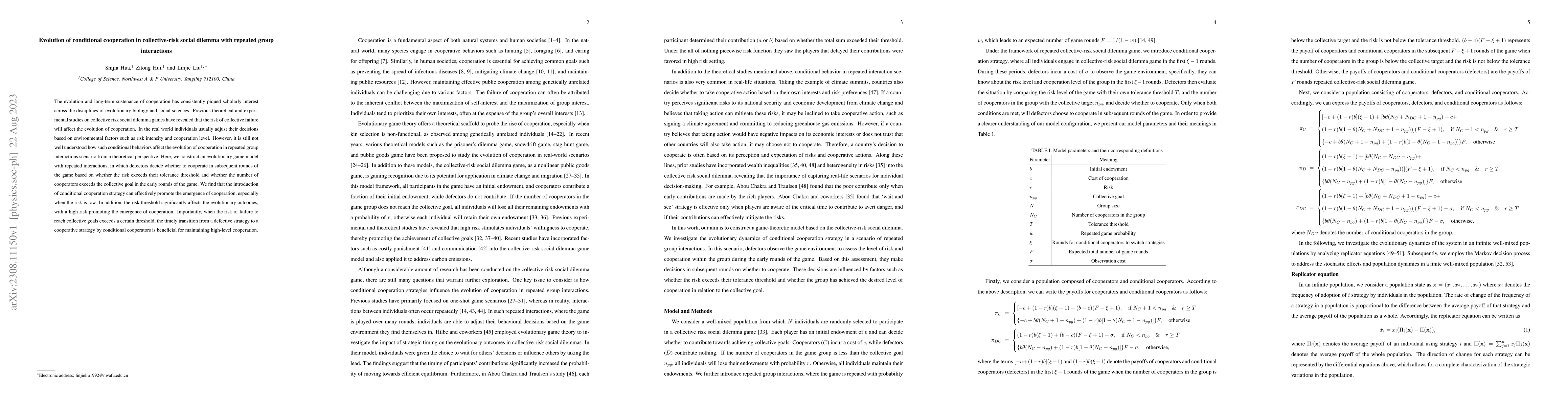 Thumbnail for Evolution of conditional cooperation in collective-risk social dilemma
  with repeated group interactions