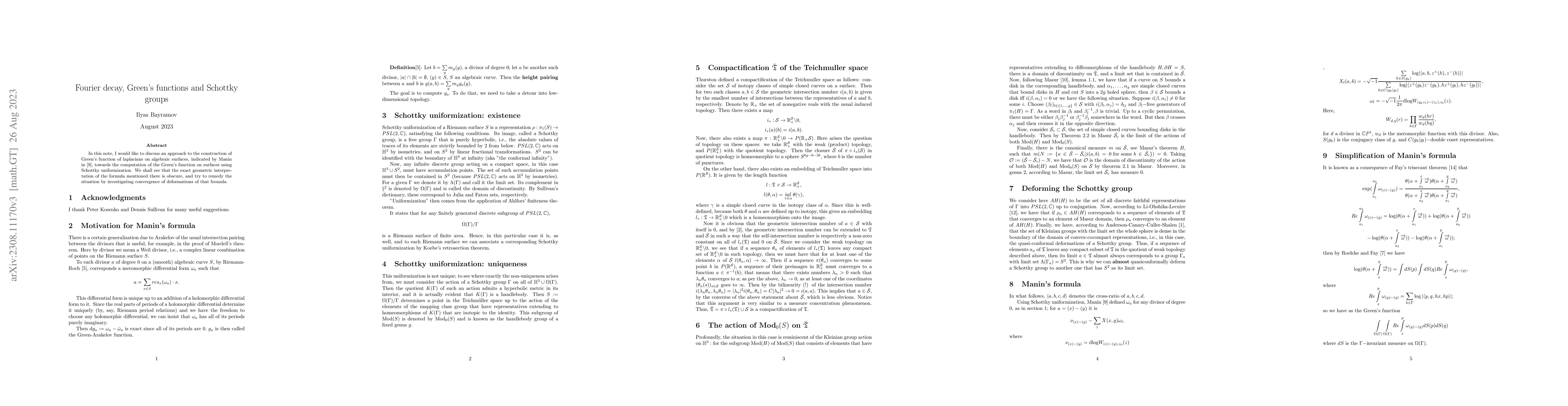 Thumbnail for Fourier decay, Green's kernel and Schottky groups