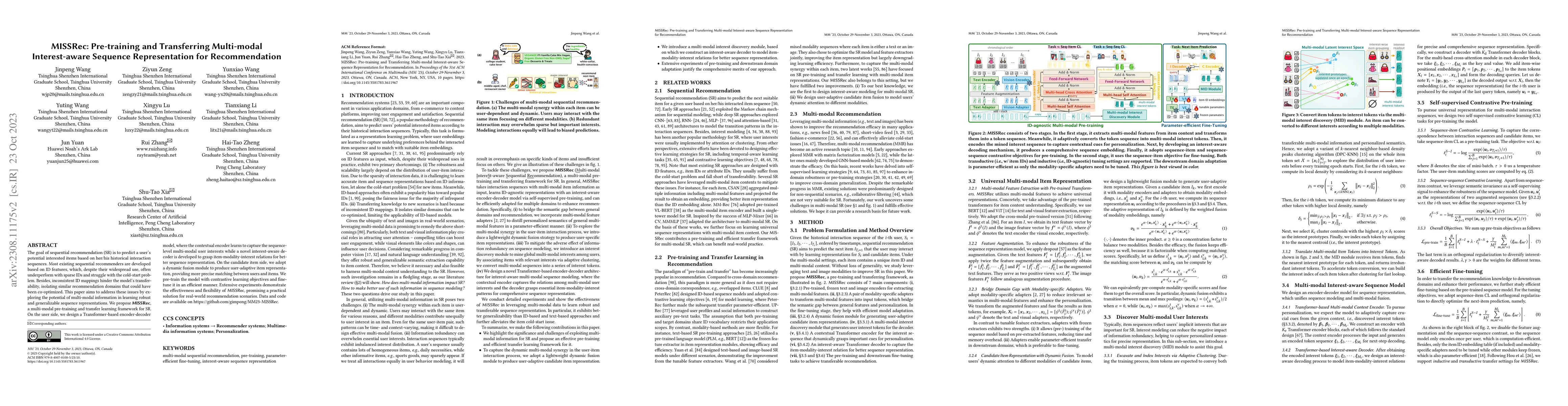 Thumbnail for MISSRec: Pre-training and Transferring Multi-modal Interest-aware
  Sequence Representation for Recommendation