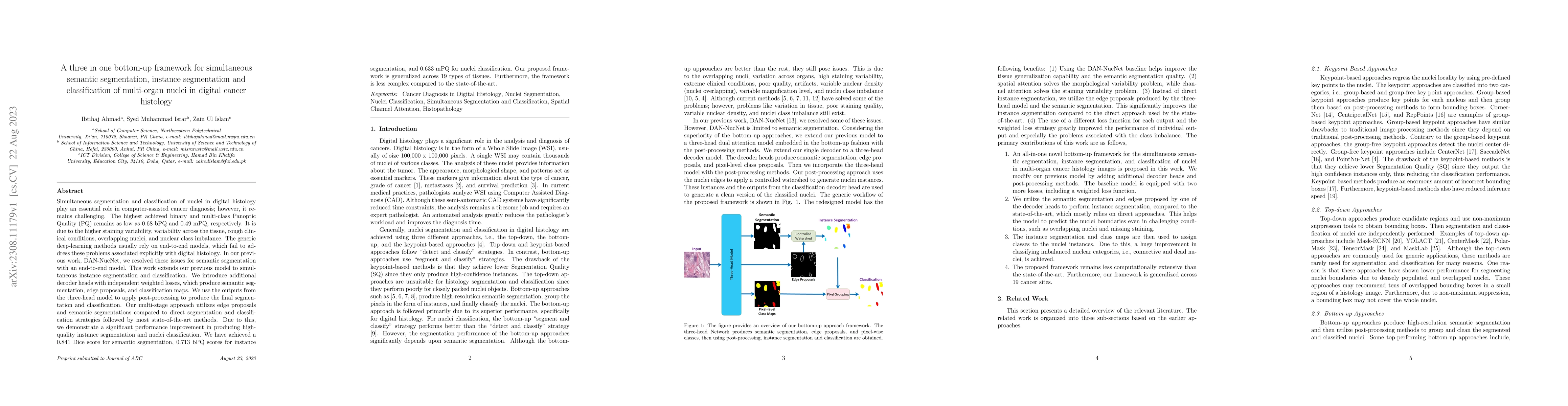 Thumbnail for A three in one bottom-up framework for simultaneous semantic
  segmentation, instance segmentation and classification of multi-organ nuclei
  in digital cancer histology