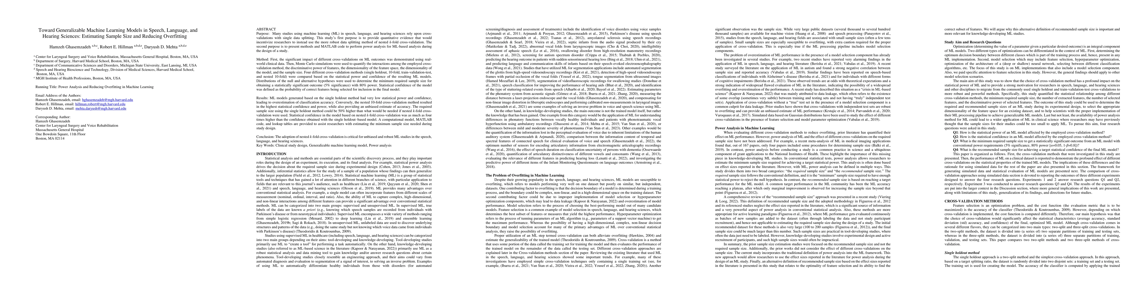 Thumbnail for Toward Generalizable Machine Learning Models in Speech, Language, and
  Hearing Sciences: Estimating Sample Size and Reducing Overfitting
