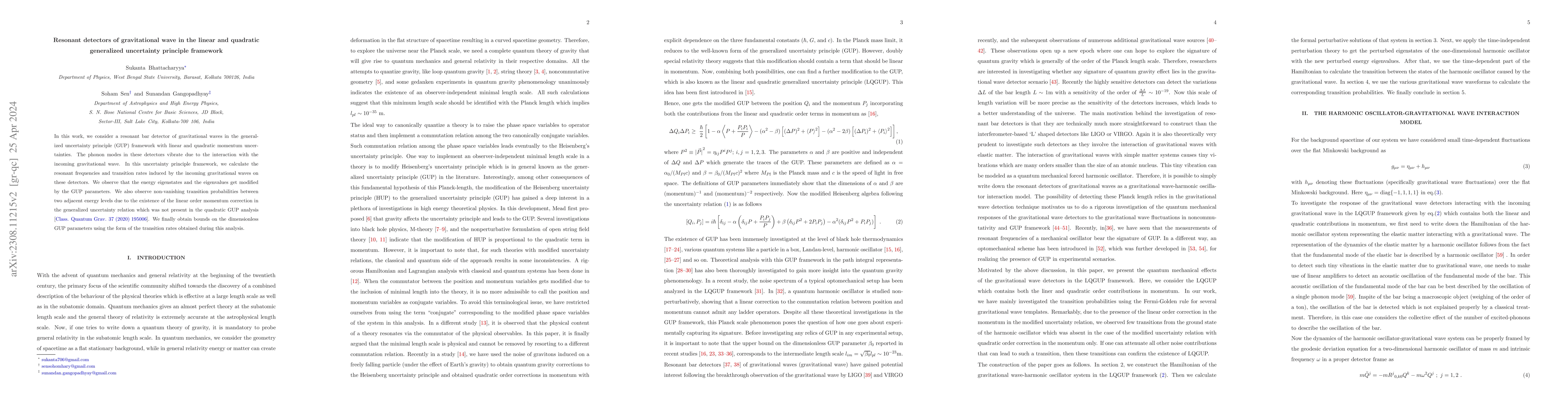Thumbnail for Resonant detectors of gravitational wave in the linear and quadratic
  generalized uncertainty principle framework