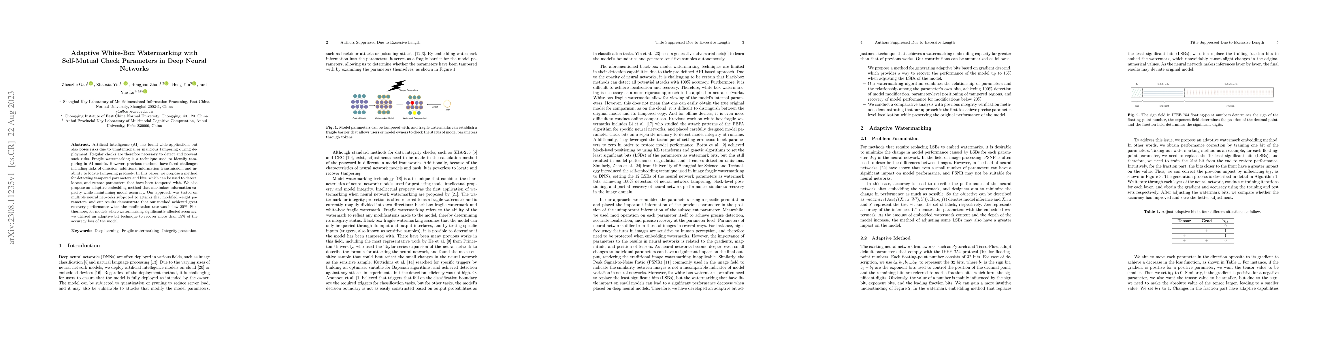 Thumbnail for Adaptive White-Box Watermarking with Self-Mutual Check Parameters in
  Deep Neural Networks