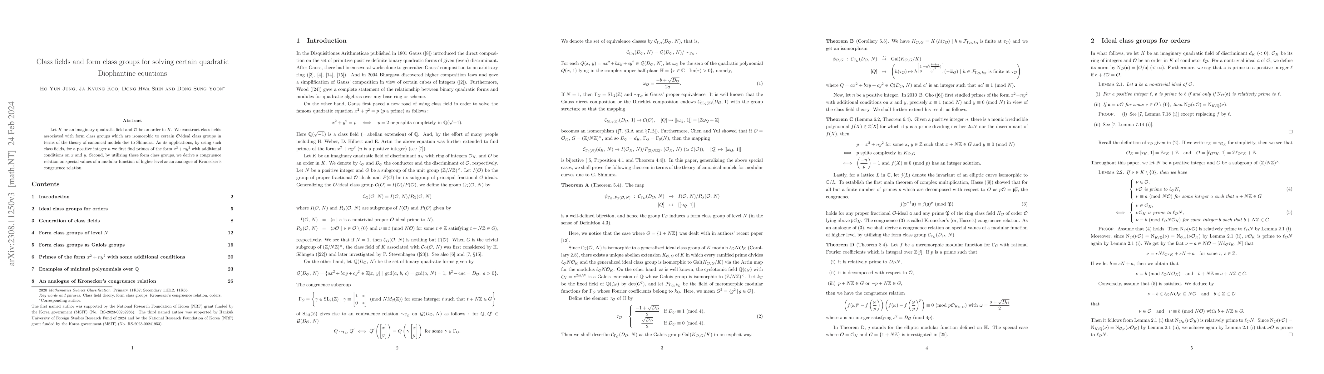 Thumbnail for Class fields and form class groups for solving certain quadratic
  Diophantine equations