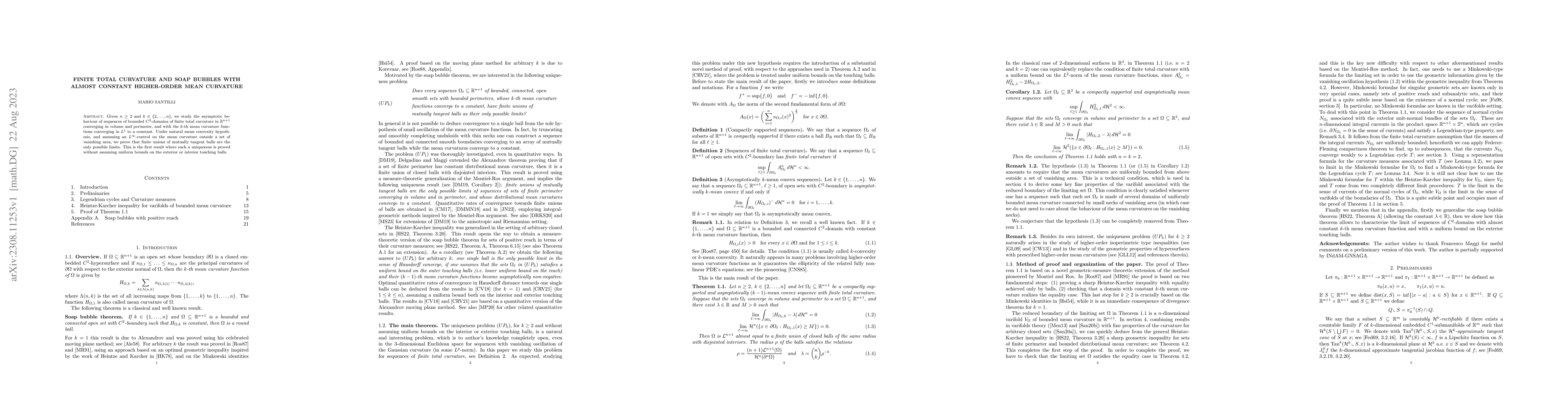 Thumbnail for Finite total curvature and soap bubbles with almost constant
  higher-order mean curvature