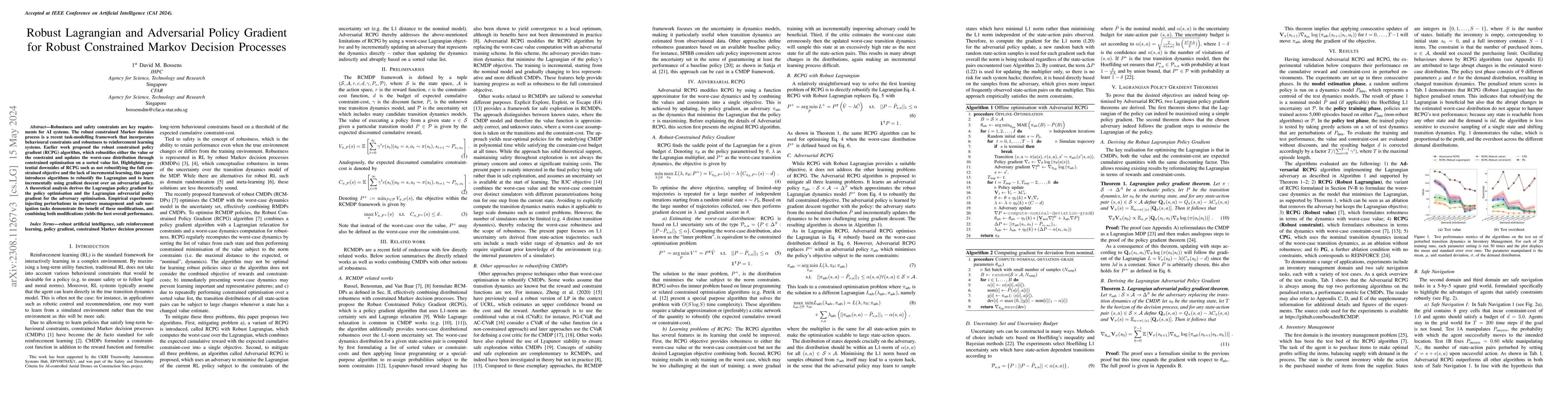Thumbnail for Robust Lagrangian and Adversarial Policy Gradient for Robust Constrained
  Markov Decision Processes