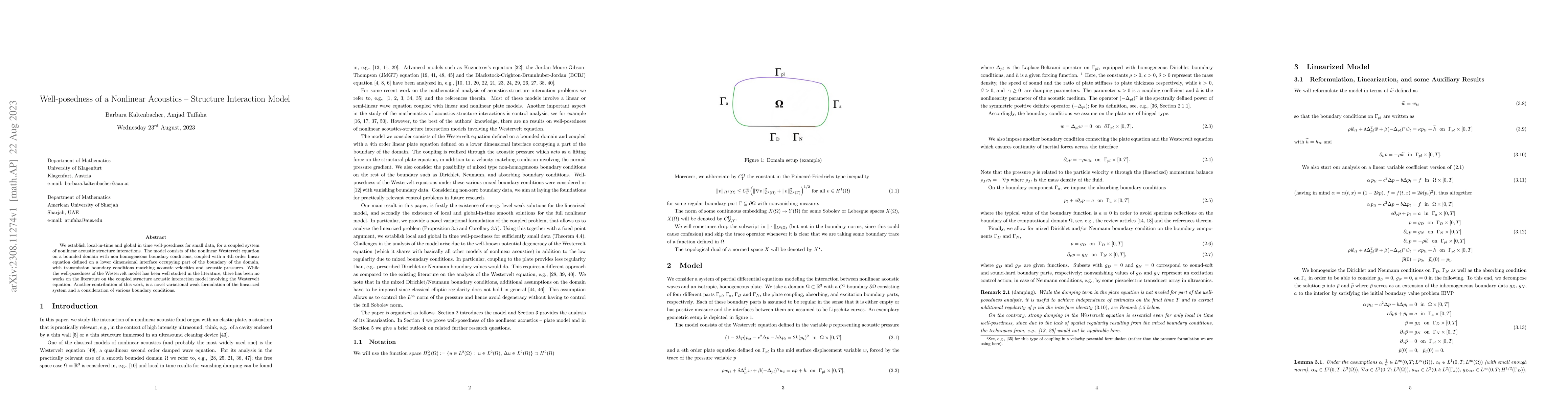 Thumbnail for Well-posedness of a Nonlinear Acoustics -- Structure Interaction Model