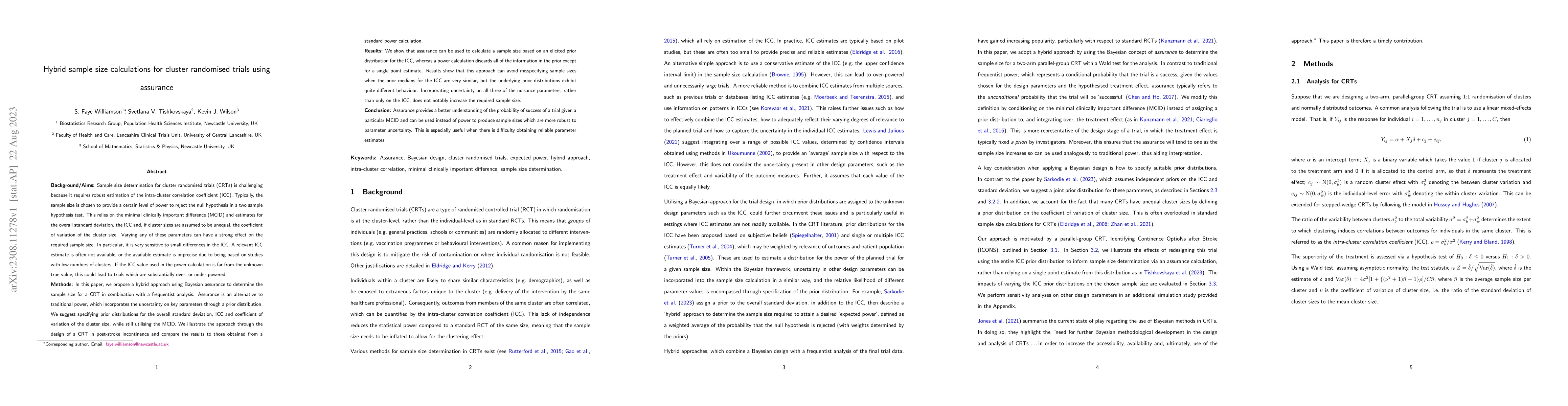 Thumbnail for Hybrid sample size calculations for cluster randomised trials using
  assurance