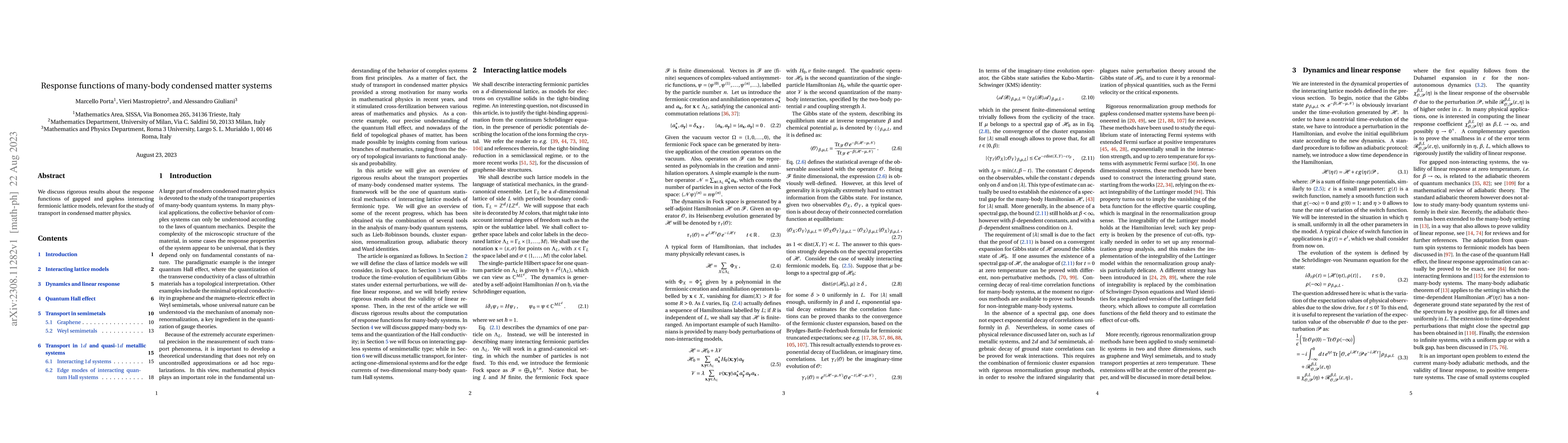 Thumbnail for Response functions of many-body condensed matter systems