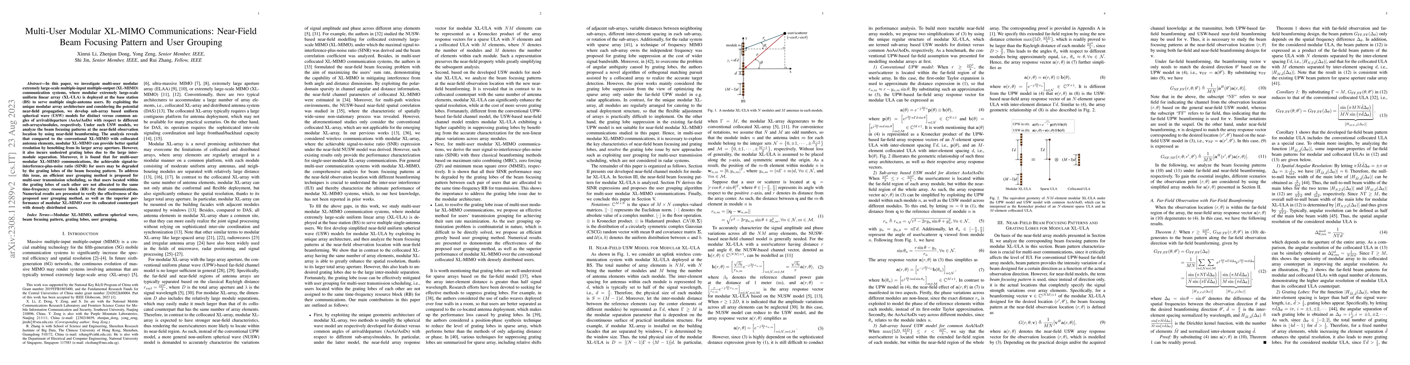 Thumbnail for Multi-User Modular XL-MIMO Communications: Near-Field Beam Focusing
  Pattern and User Grouping