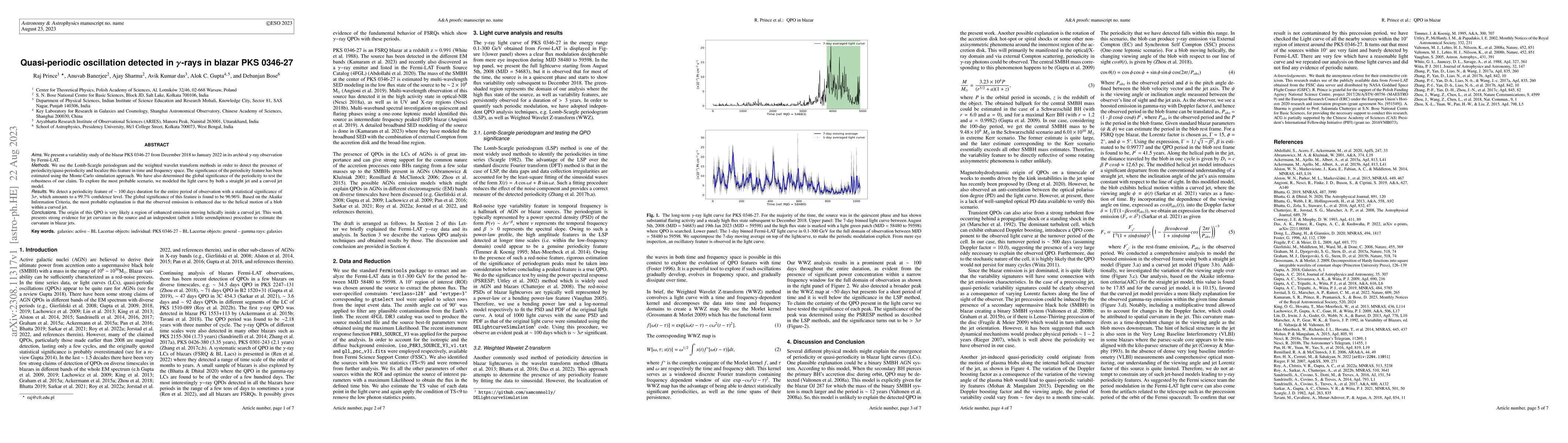 Thumbnail for Quasi-periodic oscillation detected in $\gamma$-rays in blazar PKS
  0346-27