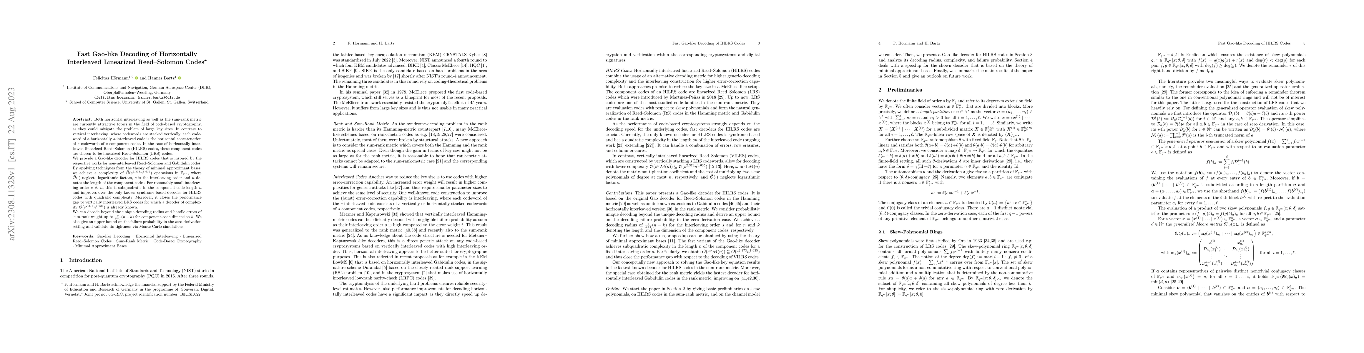 Thumbnail for Fast Gao-like Decoding of Horizontally Interleaved Linearized
  Reed-Solomon Codes