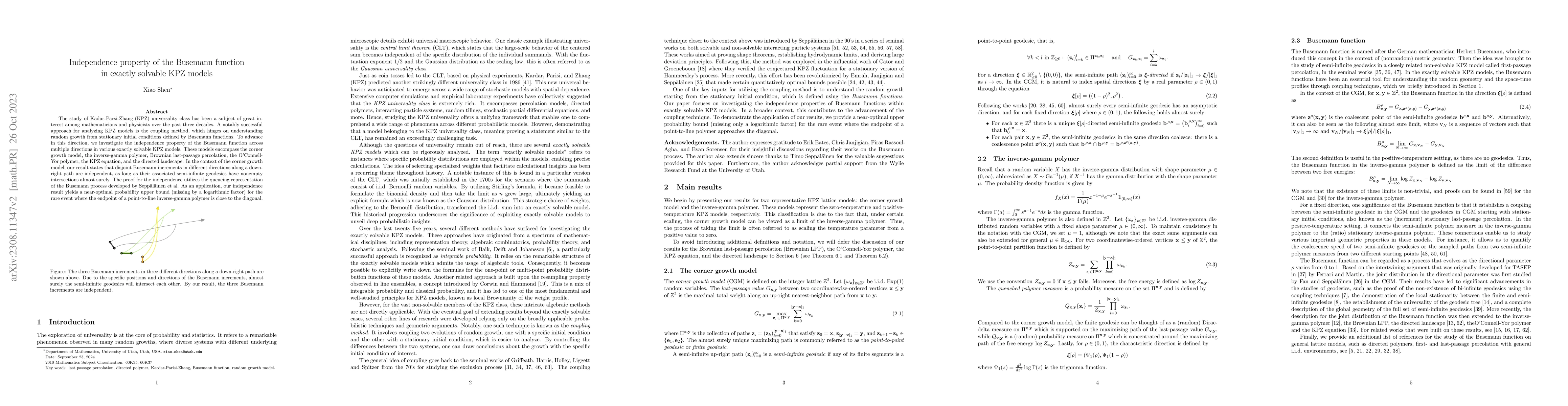 Thumbnail for Independence property of the Busemann function in exactly solvable KPZ
  models