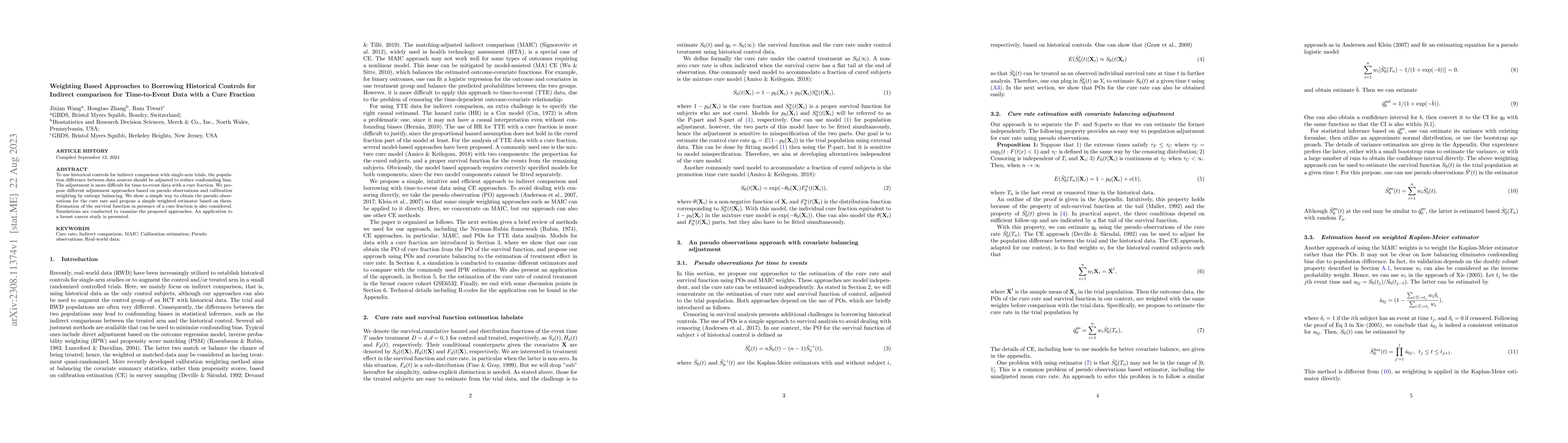 Thumbnail for Weighting Based Approaches to Borrowing Historical Controls for Indirect
  comparison for Time-to-Event Data with a Cure Fraction