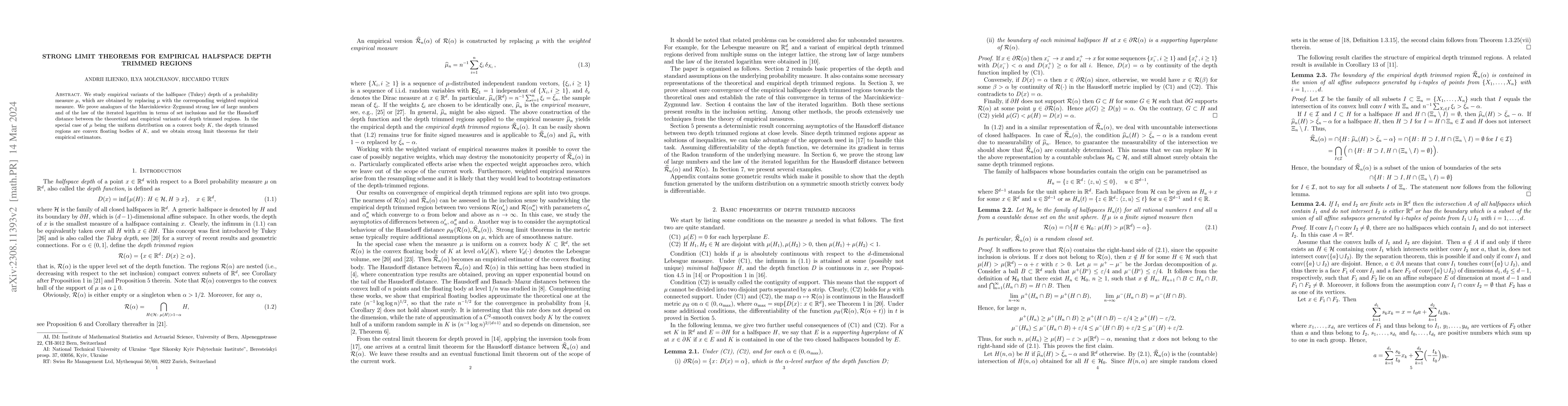 Thumbnail for Strong limit theorems for empirical halfspace depth trimmed regions