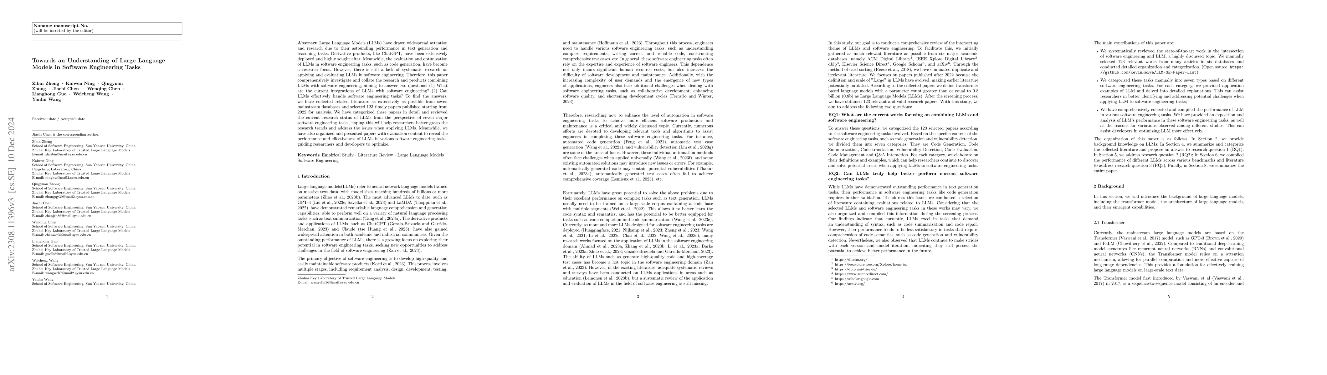 Thumbnail for Towards an Understanding of Large Language Models in Software
  Engineering Tasks