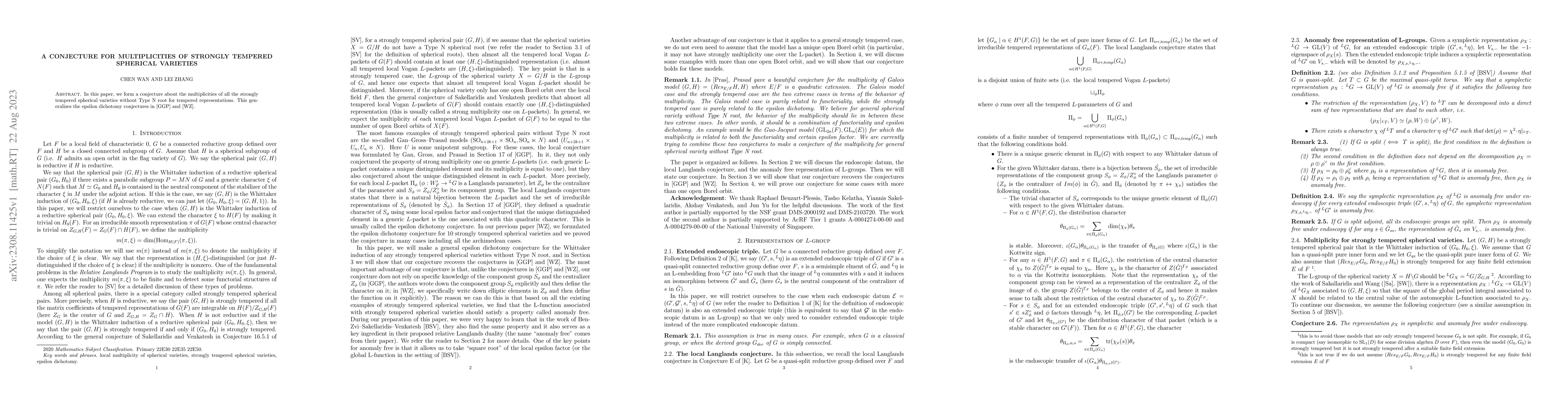 Thumbnail for A Conjecture for Multiplicities of Strongly Tempered Spherical Varieties