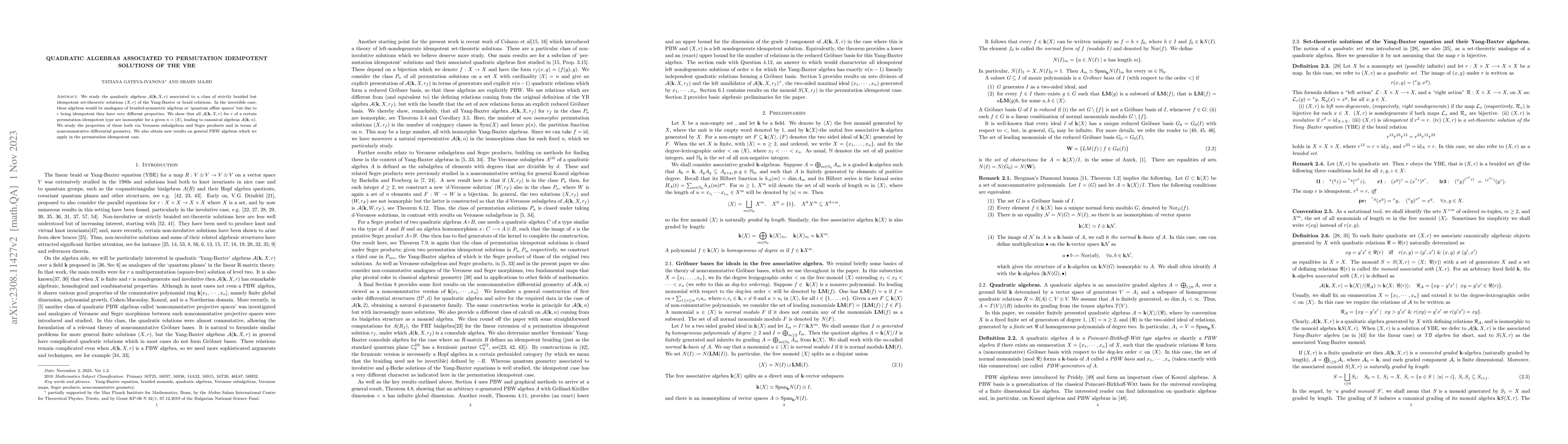 Thumbnail for Quadratic algebras associated to permutation idempotent solutions of the
  YBE