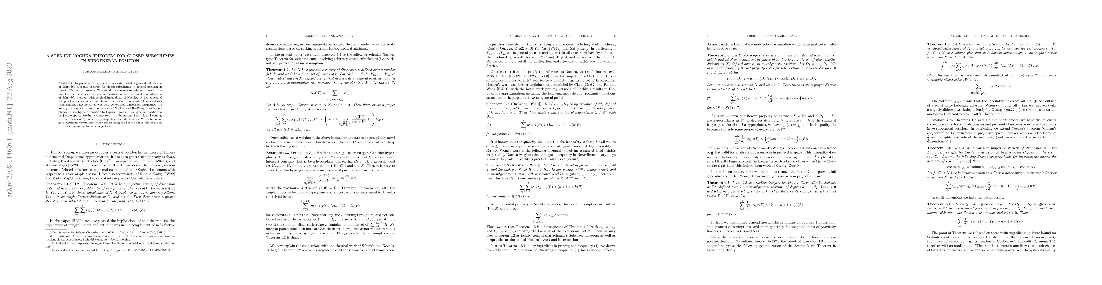 Thumbnail for A Schmidt-Nochka Theorem for closed subschemes in subgeneral position