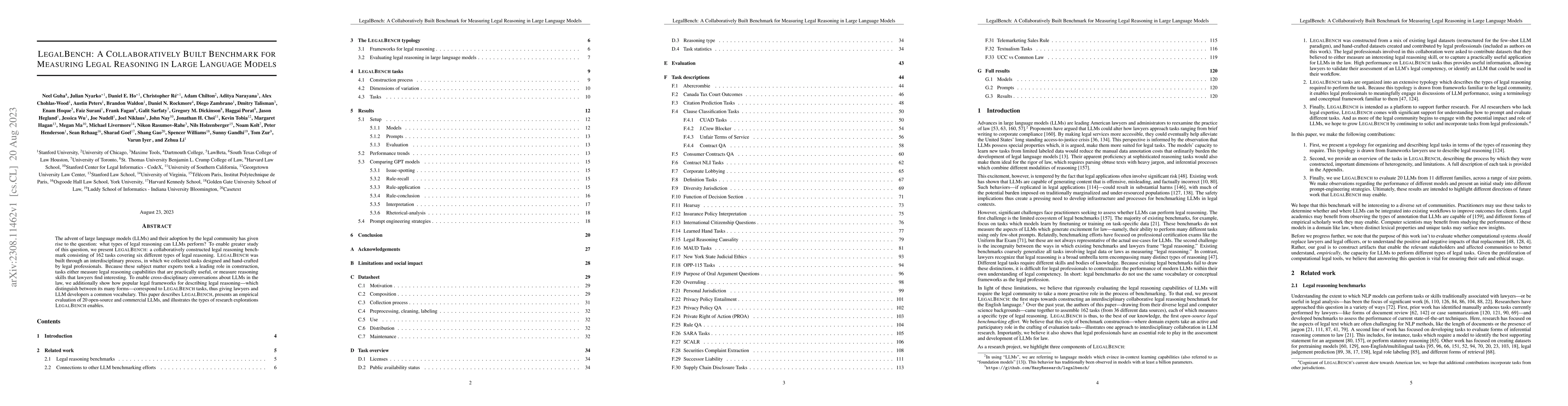 Thumbnail for LegalBench: A Collaboratively Built Benchmark for Measuring Legal
  Reasoning in Large Language Models