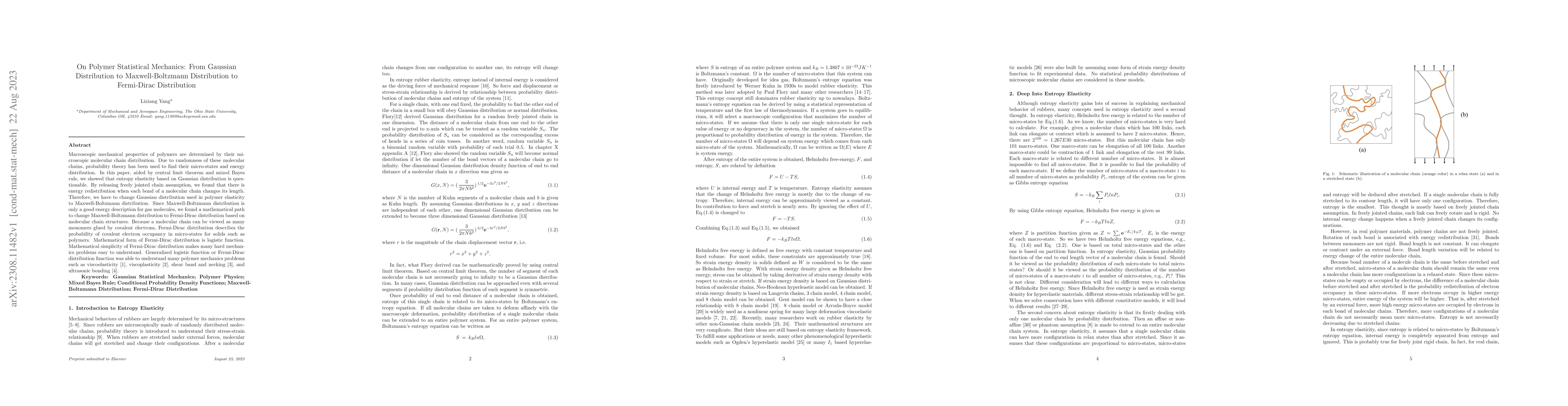 Thumbnail for On Polymer Statistical Mechanics: From Gaussian Distribution to
  Maxwell-Boltzmann Distribution to Fermi-Dirac Distribution