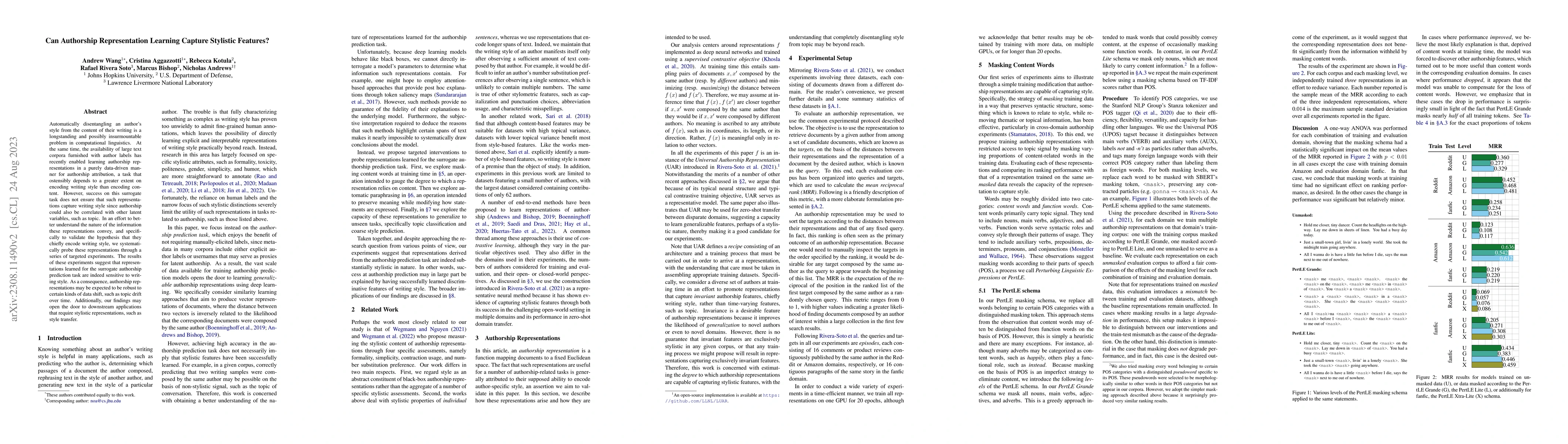 Thumbnail for Can Authorship Representation Learning Capture Stylistic Features?