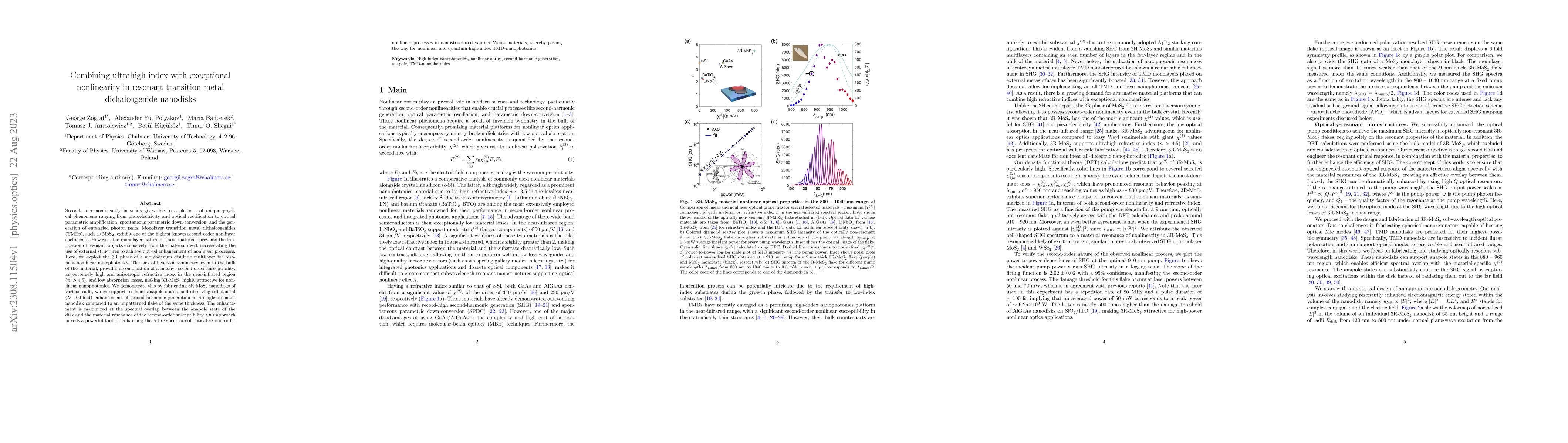 Thumbnail for Combining ultrahigh index with exceptional nonlinearity in resonant
  transition metal dichalcogenide nanodisks