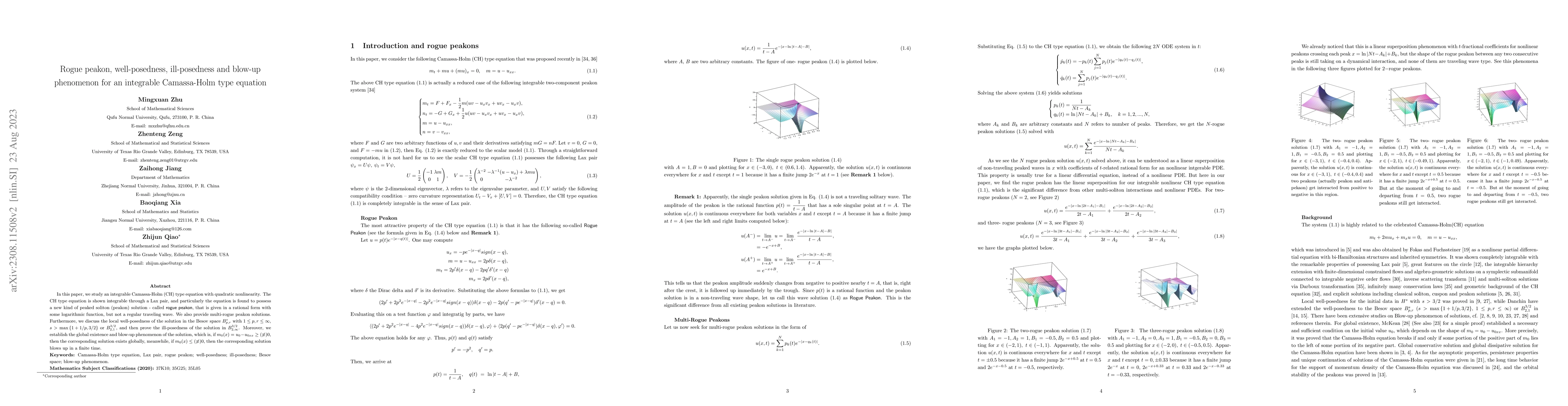 Thumbnail for Rogue peakon, well-posedness, ill-posedness and blow-up phenomenon for
  an integrable Camassa-Holm type equation