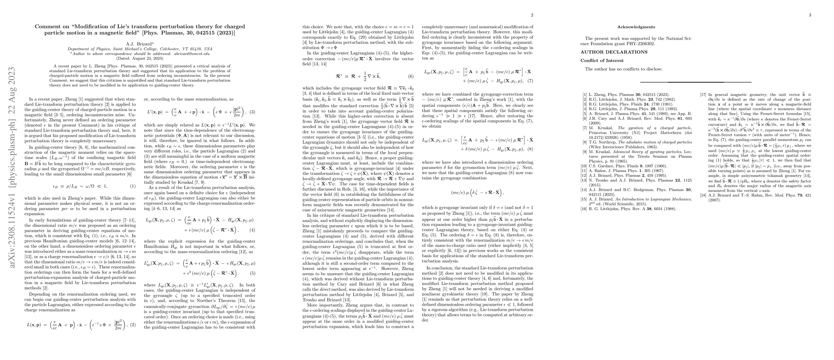 Thumbnail for Comment on "Modification of Lie's transform perturbation theory for
  charged particle motion in a magnetic field''