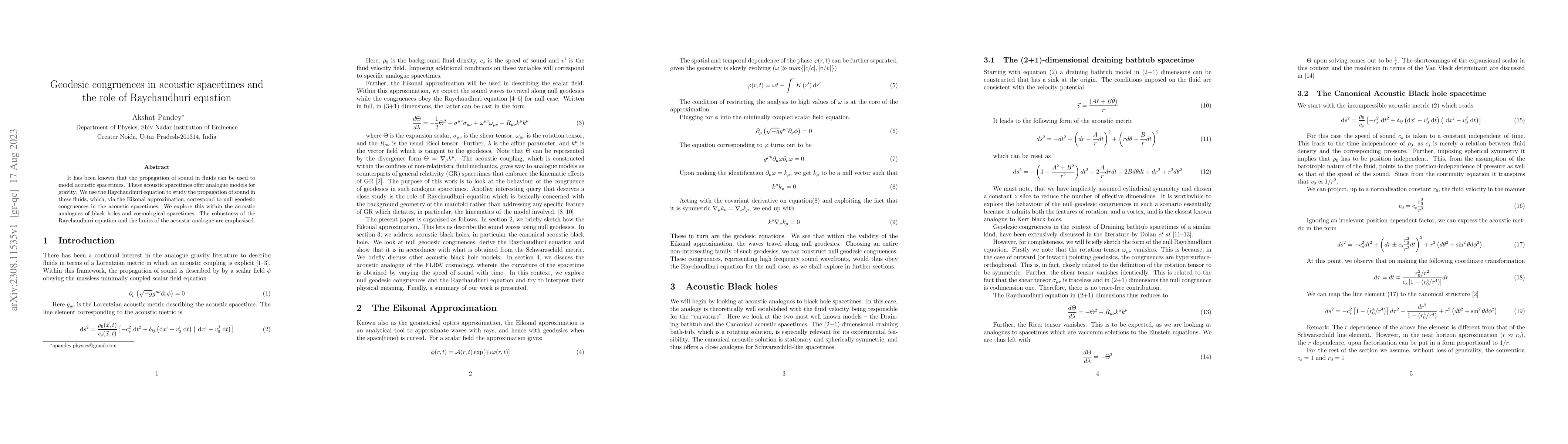 Thumbnail for Geodesic congruences in acoustic spacetimes and the role of Raychaudhuri
  equation