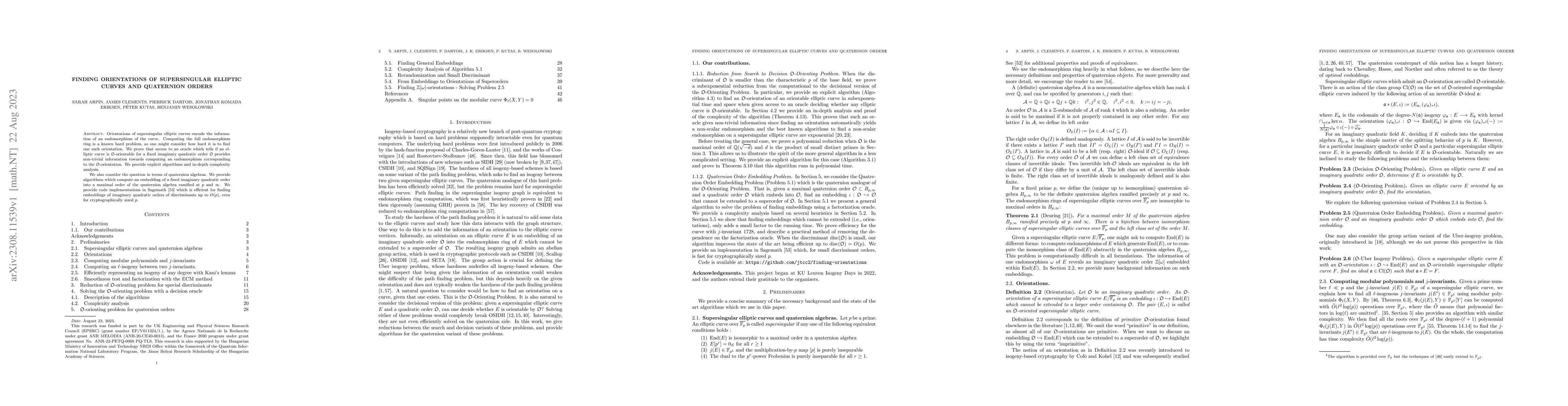 Thumbnail for Finding Orientations of Supersingular Elliptic Curves and Quaternion
  Orders
