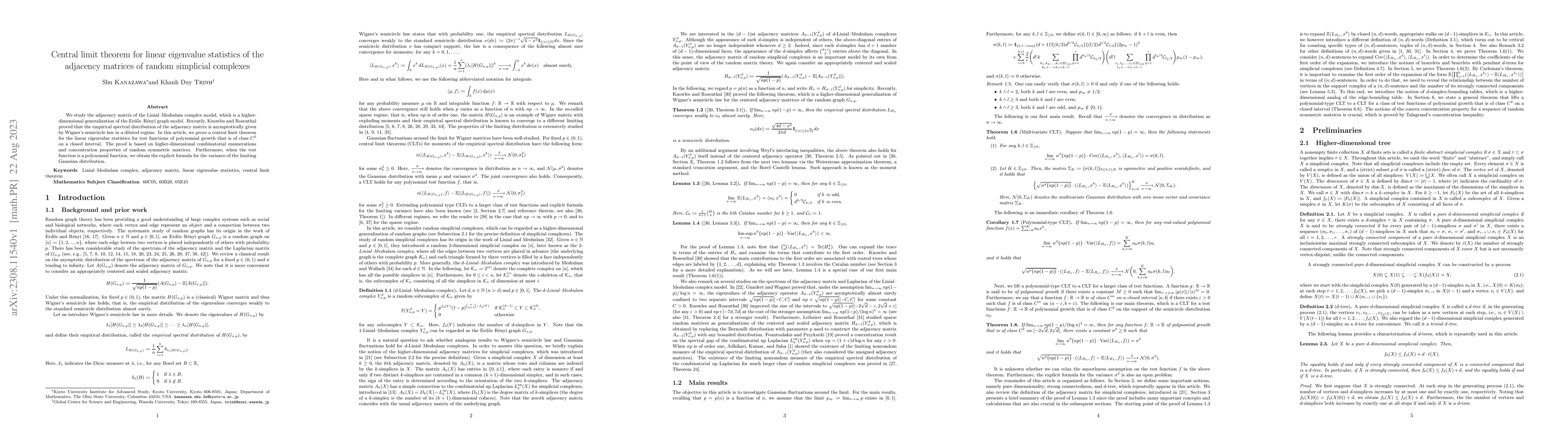 Thumbnail for Central limit theorem for linear eigenvalue statistics of the adjacency
  matrices of random simplicial complexes