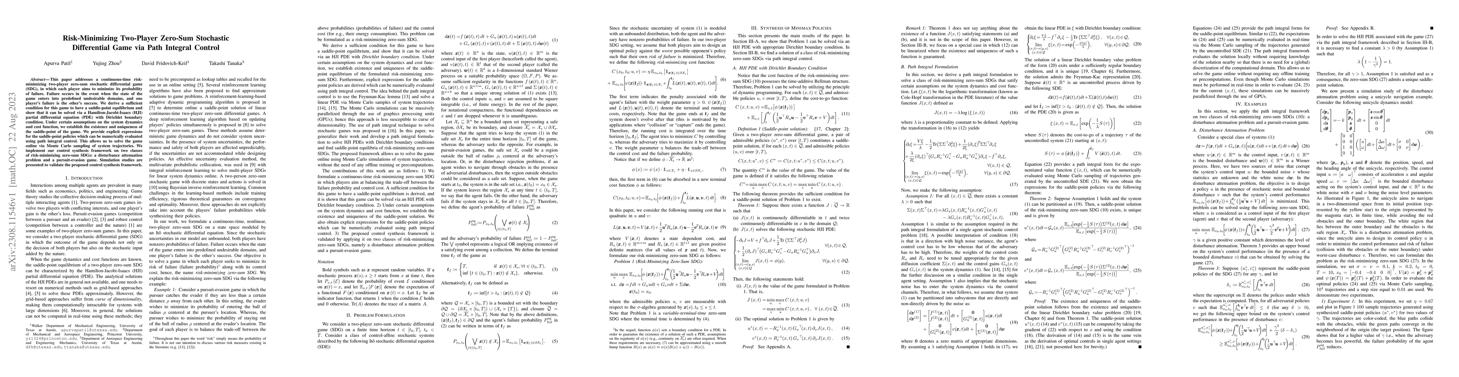 Thumbnail for Risk-Minimizing Two-Player Zero-Sum Stochastic Differential Game via
  Path Integral Control