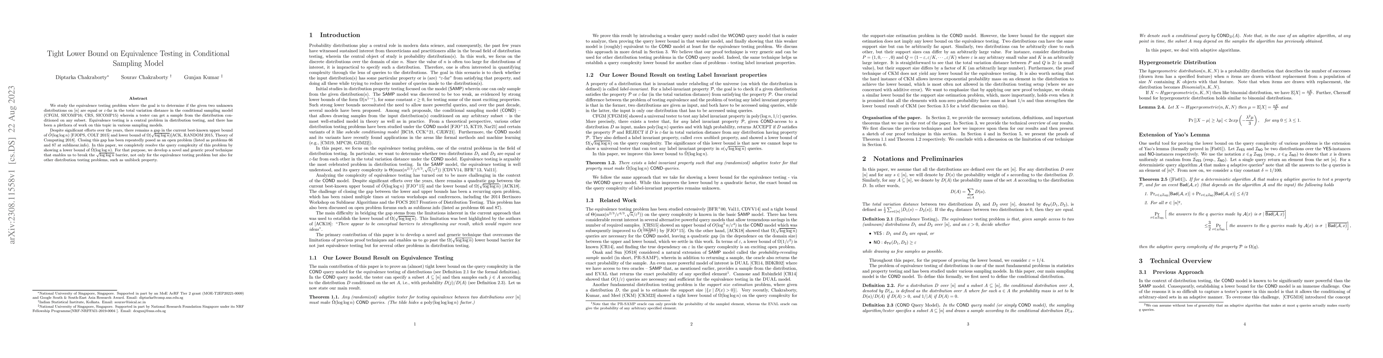 Thumbnail for Tight Lower Bound on Equivalence Testing in Conditional Sampling Model