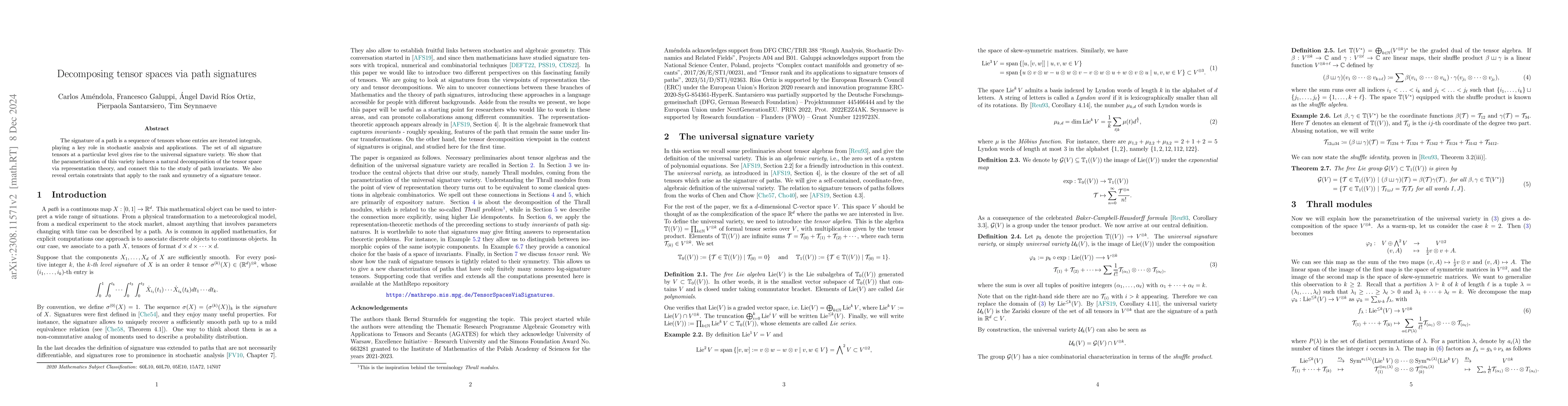 Thumbnail for Decomposing Tensor Spaces via Path Signatures