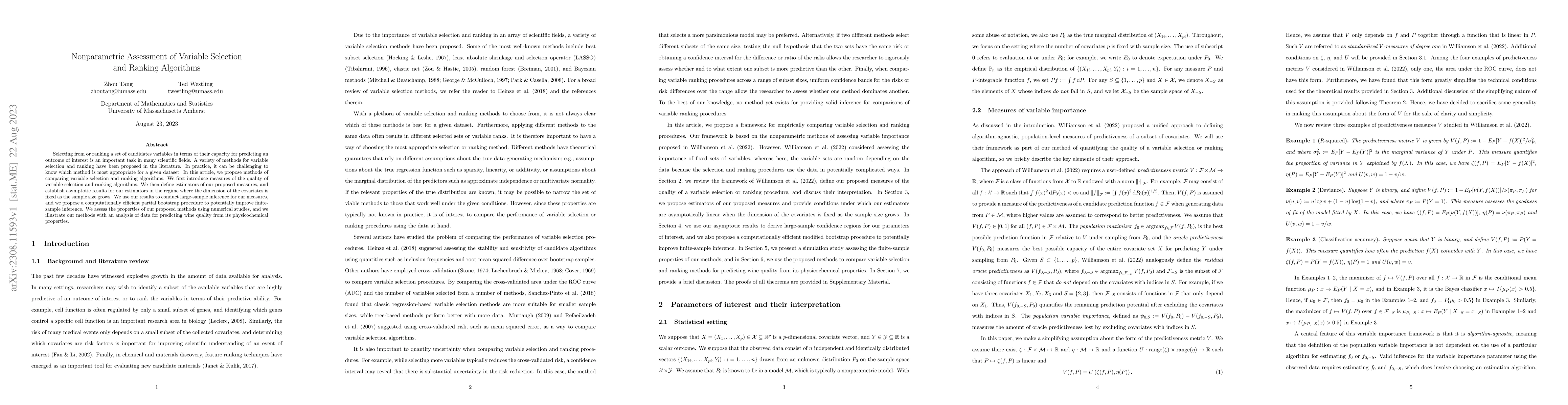Thumbnail for Nonparametric Assessment of Variable Selection and Ranking Algorithms