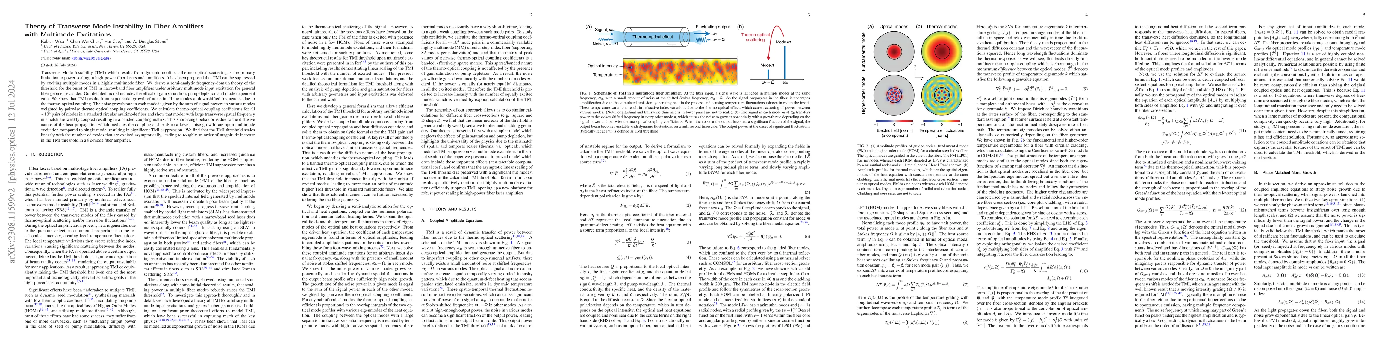 Thumbnail for Theory of Transverse Mode Instability in Fiber Amplifiers with Multimode
  Excitations