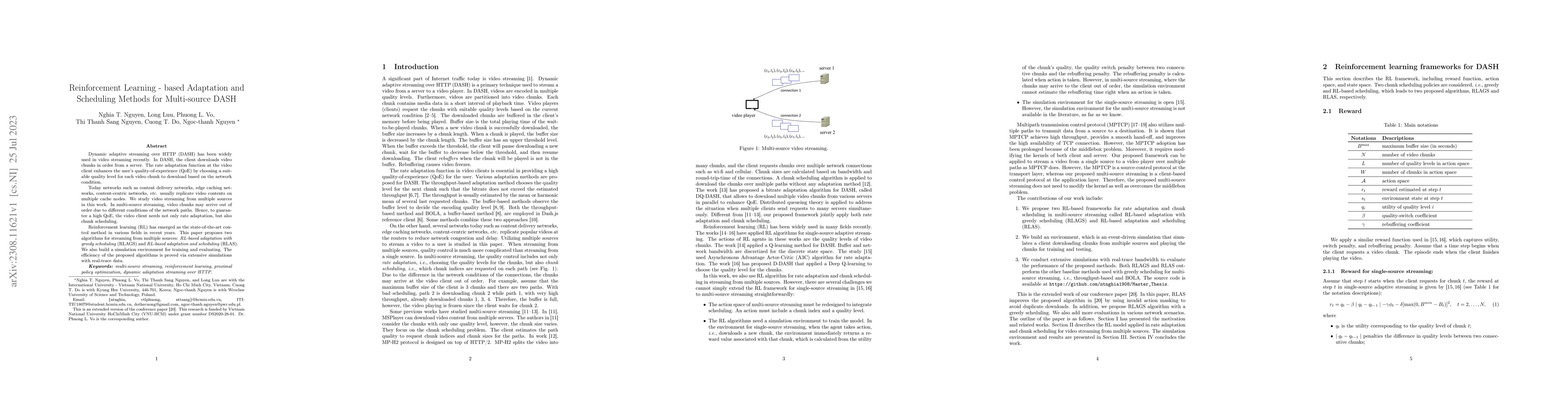 Thumbnail for Reinforcement Learning -based Adaptation and Scheduling Methods for
  Multi-source DASH