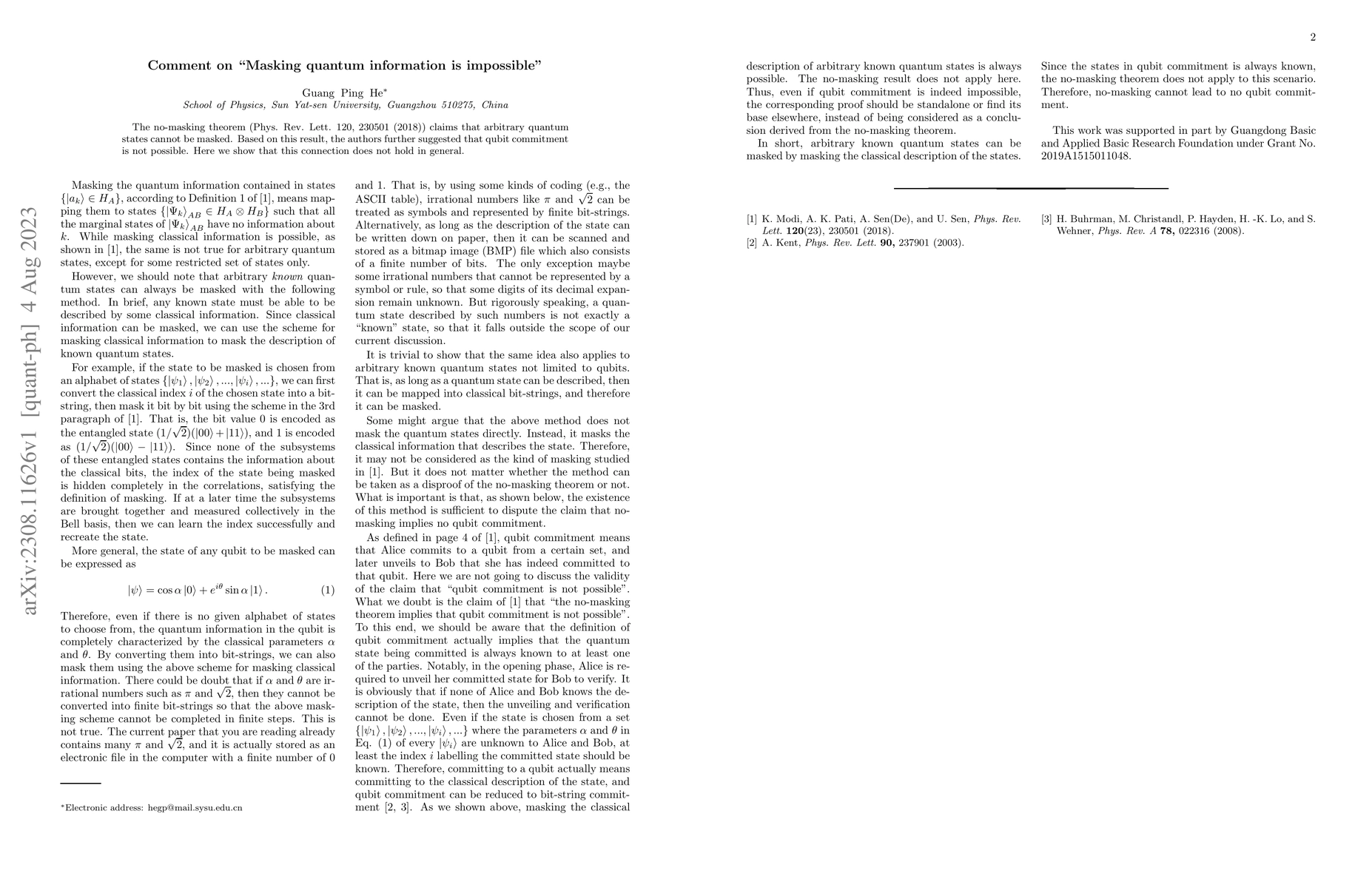 Thumbnail for Comment on "Masking quantum information is impossible"