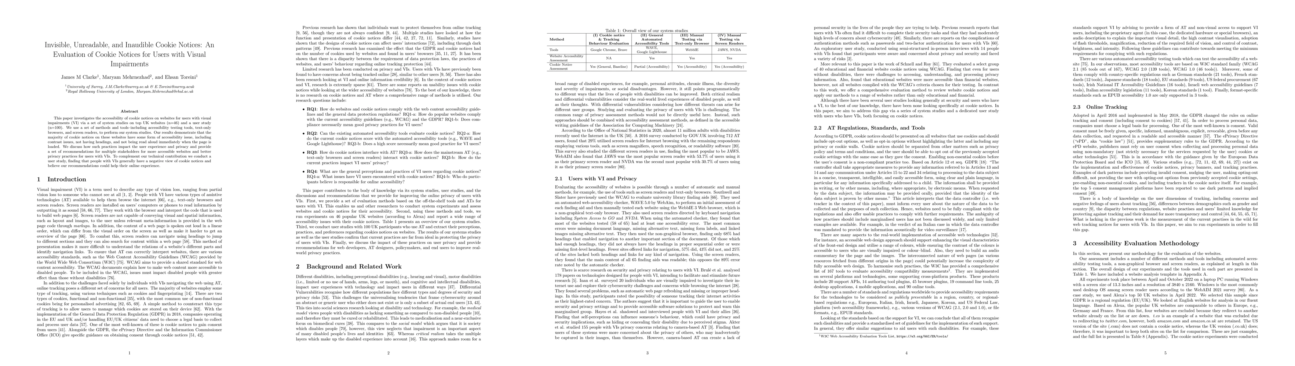 Thumbnail for Invisible, Unreadable, and Inaudible Cookie Notices: An Evaluation of
  Cookie Notices for Users with Visual Impairments