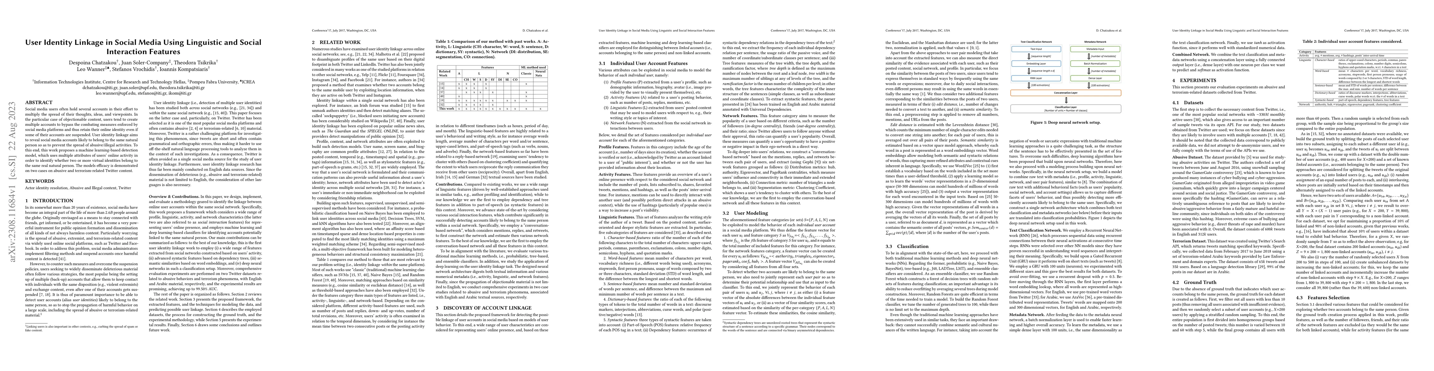 Thumbnail for User Identity Linkage in Social Media Using Linguistic and Social
  Interaction Features