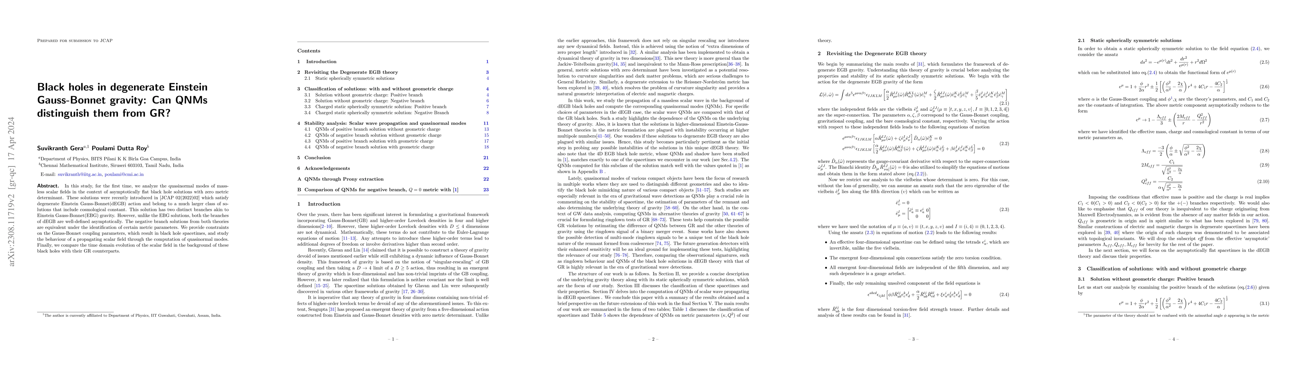 Thumbnail for Black holes in degenerate Einstein Gauss-Bonnet gravity: Can QNMs
  distinguish them from GR?